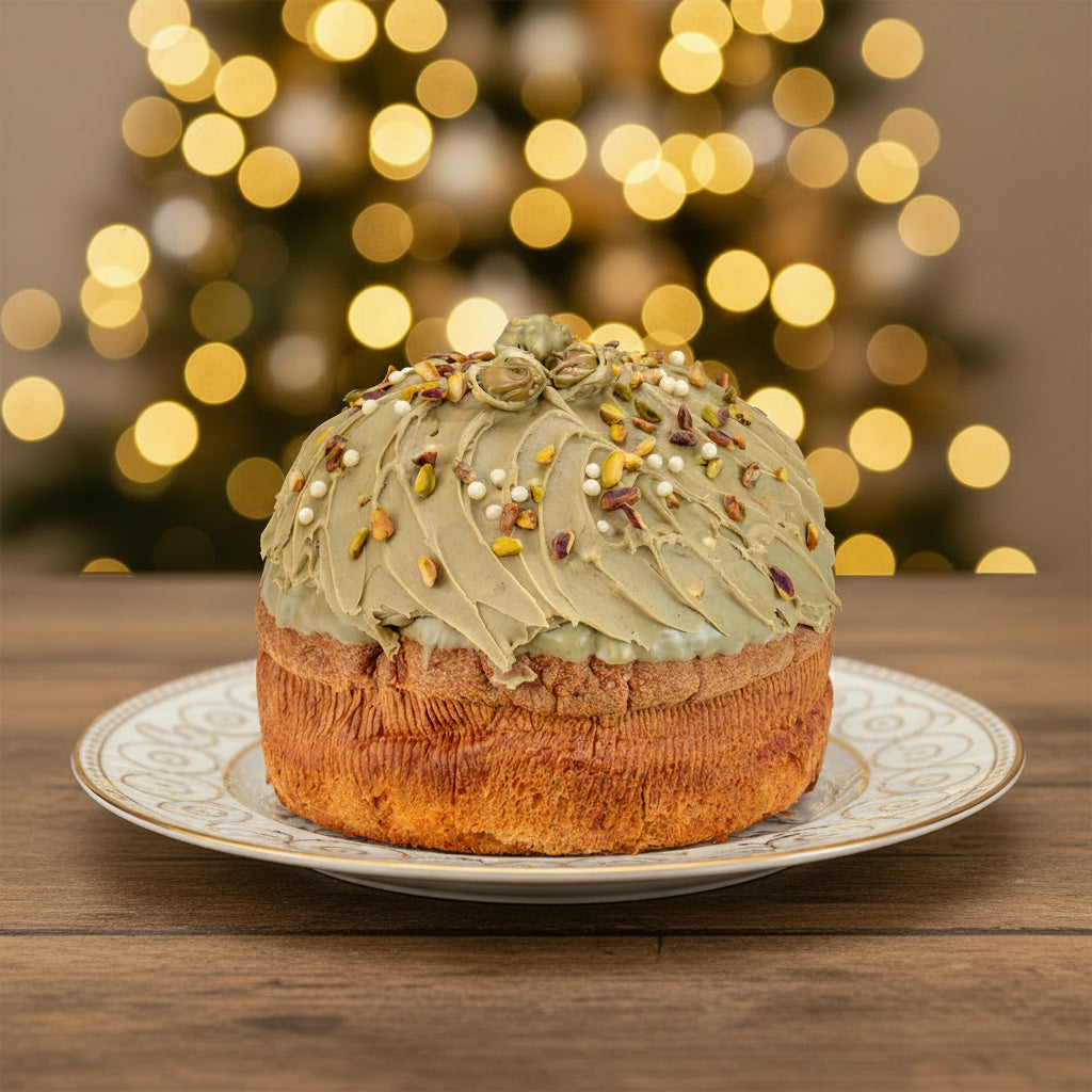 Panettone artigianale  Speciale al Pistacchio di Sicilia, con vasetto di crema spalmabile al pistacchio