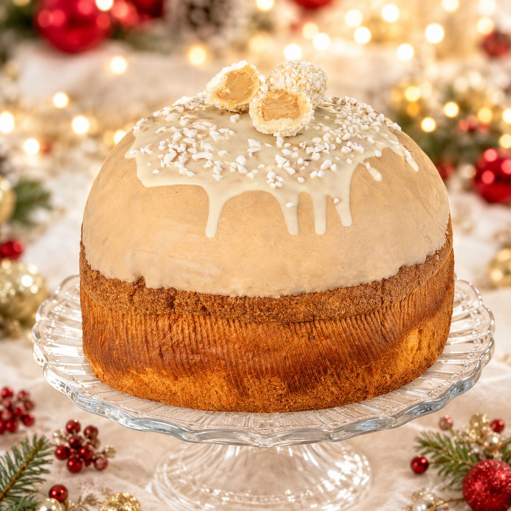 Panettone artigianale Speciale Nocciobianco, con vasetto di crema spalmabile Nocciola e cioccolato bianco