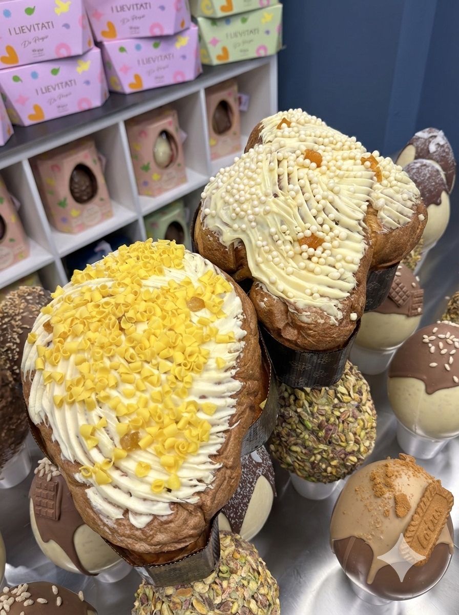 Colomba artigianale Sinfonia, farcita con cubetti di pesca gialla e cioccolato bianco